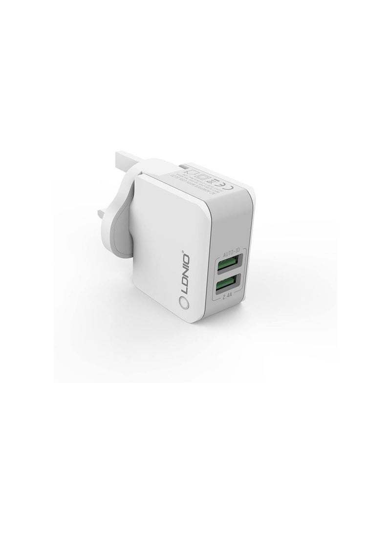 LDNIO A2203 Micro Travel Fast Charger with 2 USB Ports and Micro Cable 12 Watt - White - Image 1