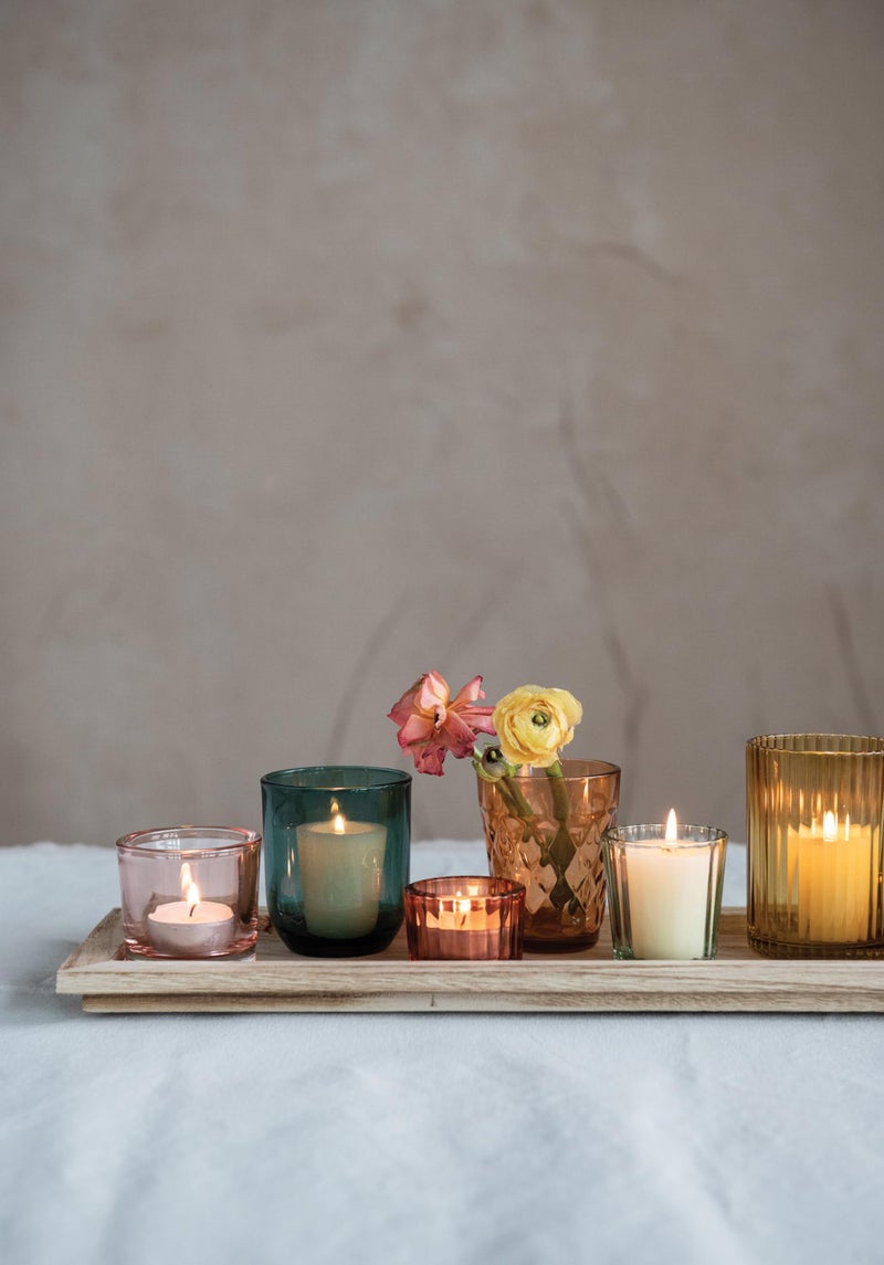 Creative Co-Op Round Glass Votive Holders on Wood Tray, Yellows & Greens, Set of 9 - Image 3