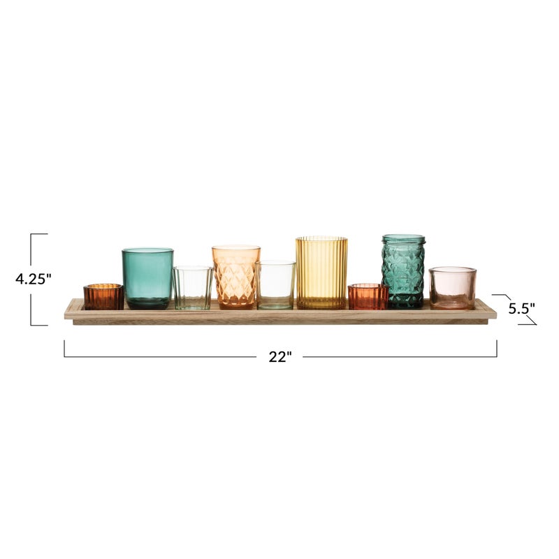 Creative Co-Op Round Glass Votive Holders on Wood Tray, Yellows & Greens, Set of 9 - Image 2