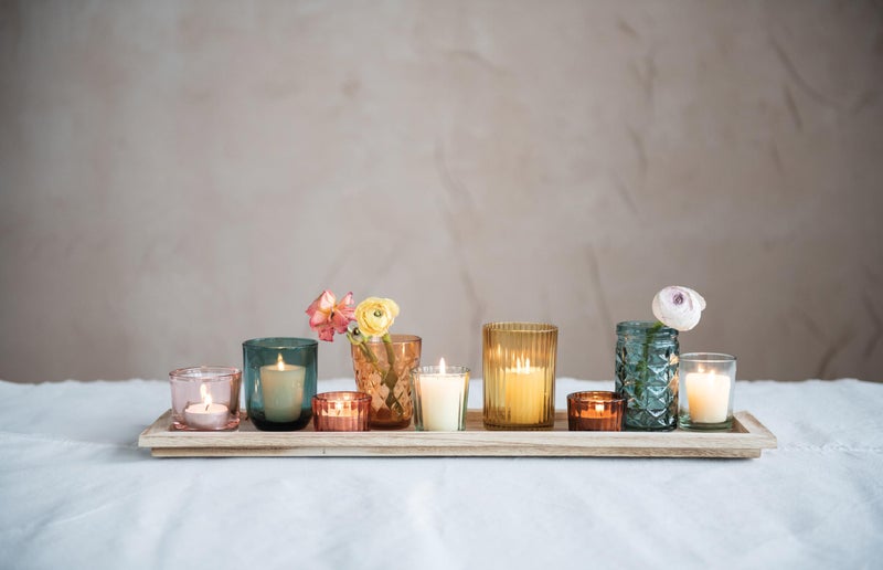 Creative Co-Op Round Glass Votive Holders on Wood Tray, Yellows & Greens, Set of 9 - Image 5