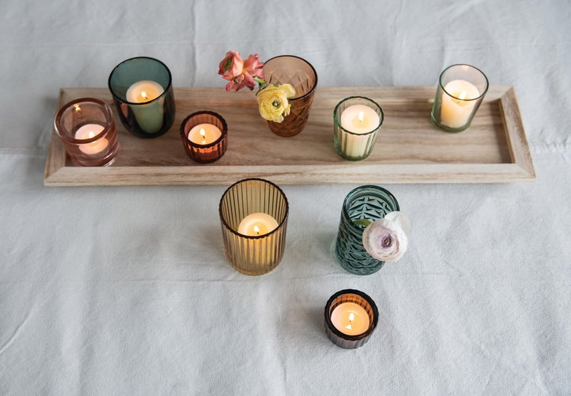 Creative Co-Op Round Glass Votive Holders on Wood Tray, Yellows & Greens, Set of 9 - Image 4