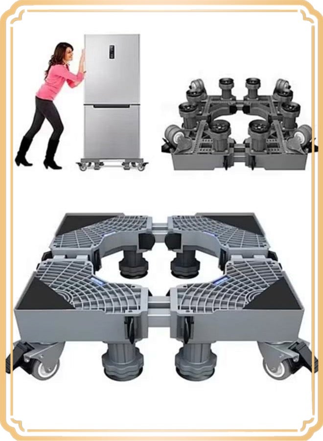 Washing Machine Fridge Stand Mobile Base With 4 Locking Refrigerator Wheels And 8 Strong Feet For Washing Machine Stand Pedestal, Fridge Base Stand, Adjustable Appliance Dolly Square, Moving Roller