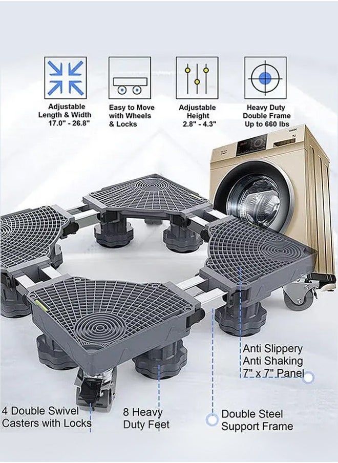 APEX - Washing Machine Fridge Stand Mobile Base With 4 Locking Refrigerator Wheels And 8 Strong Feet For Washing Machine Stand Pedestal, Fridge Base Stand, Adjustable Appliance Dolly Square, Moving Roller - Image 1