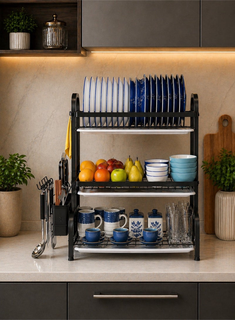 RACK STORE 3 Tier Dish Rack, Plate Rack with Removable Drain Board, Utensil Holders, knife holder, hooks - Image 4