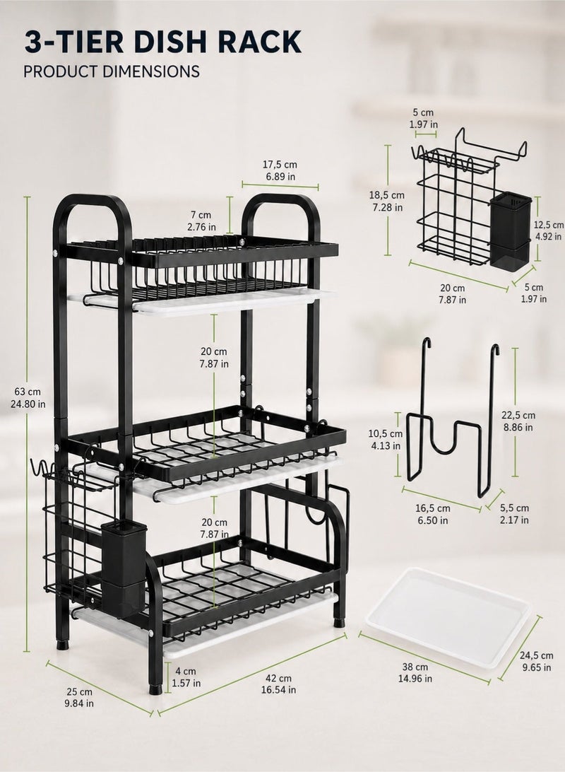 RACK STORE 3 Tier Dish Rack, Plate Rack with Removable Drain Board, Utensil Holders, knife holder, hooks - Image 2