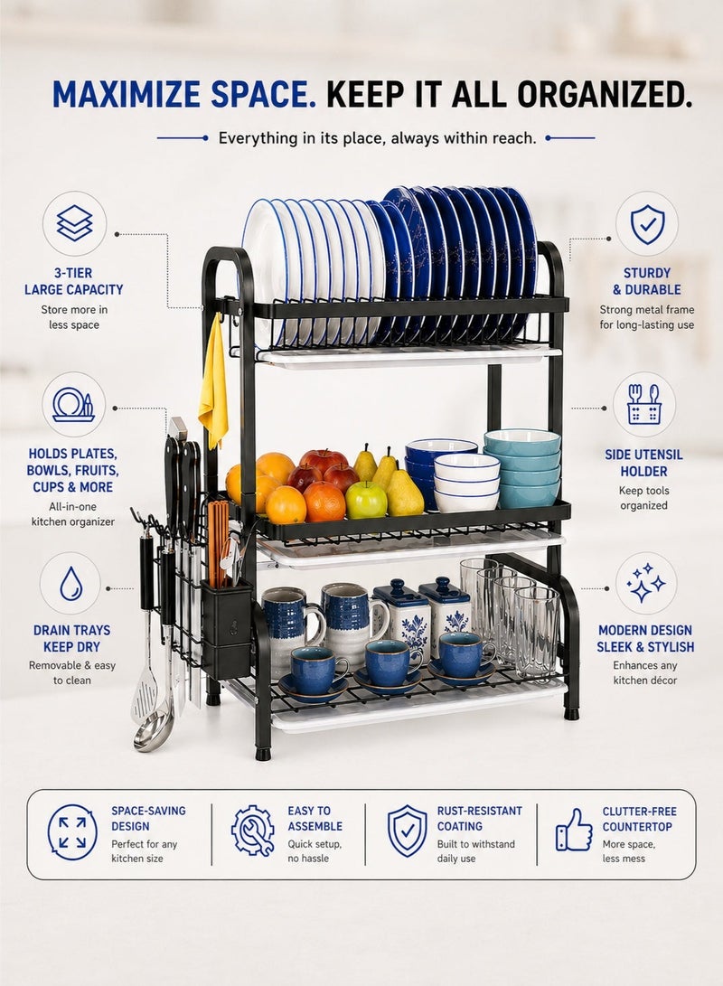 RACK STORE 3 Tier Dish Rack, Plate Rack with Removable Drain Board, Utensil Holders, knife holder, hooks - Image 3
