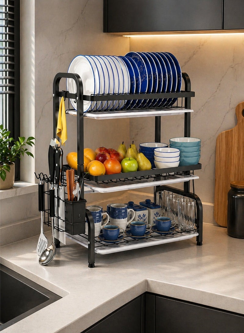 RACK STORE 3 Tier Dish Rack, Plate Rack with Removable Drain Board, Utensil Holders, knife holder, hooks - Image 1