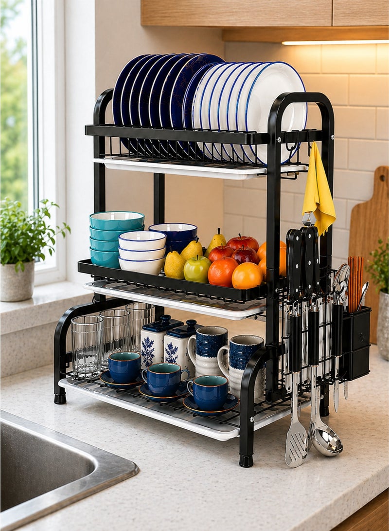 RACK STORE 3 Tier Dish Rack, Plate Rack with Removable Drain Board, Utensil Holders, knife holder, hooks - Image 5