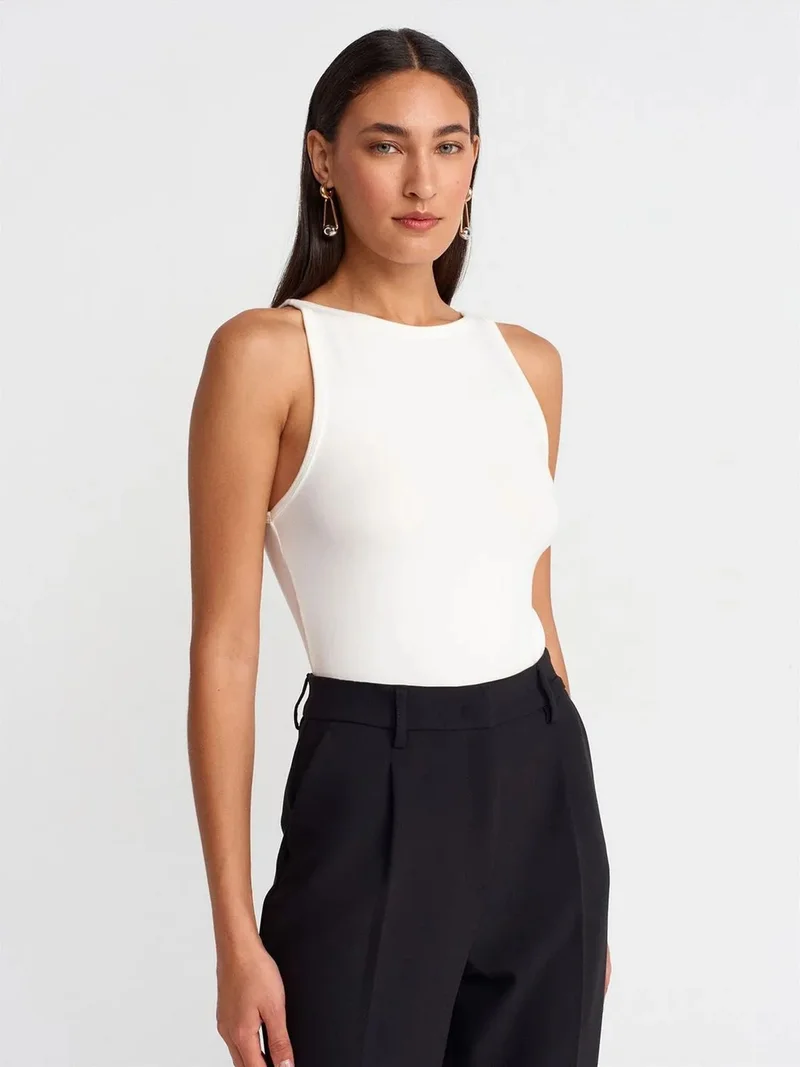 ديلفين Dilvin Ribbed Halterneck Slim-Fit Blouse
