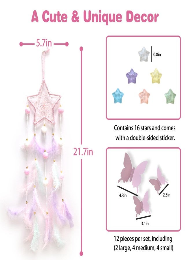 Fun-Plus Pink Star Dream Catcher Wall Decor for Teen Girls, Handmade Baby Dreamcatcher, Wall Hanging Decor for Nursery Bedroom, Boys Girls Gift Set with 3D Butterfly and Stars - Image 2