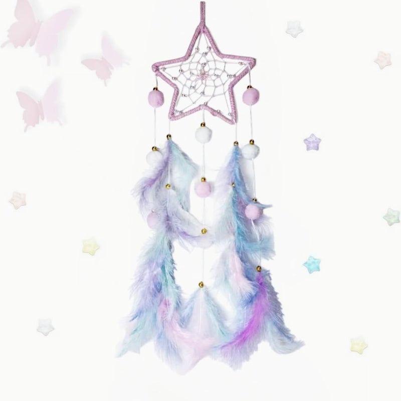 Fun-Plus Pink Star Dream Catcher Wall Decor for Teen Girls, Handmade Baby Dreamcatcher, Wall Hanging Decor for Nursery Bedroom, Boys Girls Gift Set with 3D Butterfly and Stars - Image 1