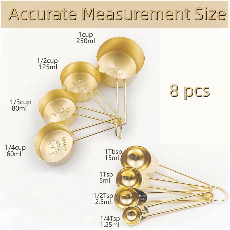 LYFJXX Gold Measuring Cups and Spoons Set, 8 PCS Metal Measuring Cups and Stainless Steel Measuring Spoons Set for Kitchen - Image 2