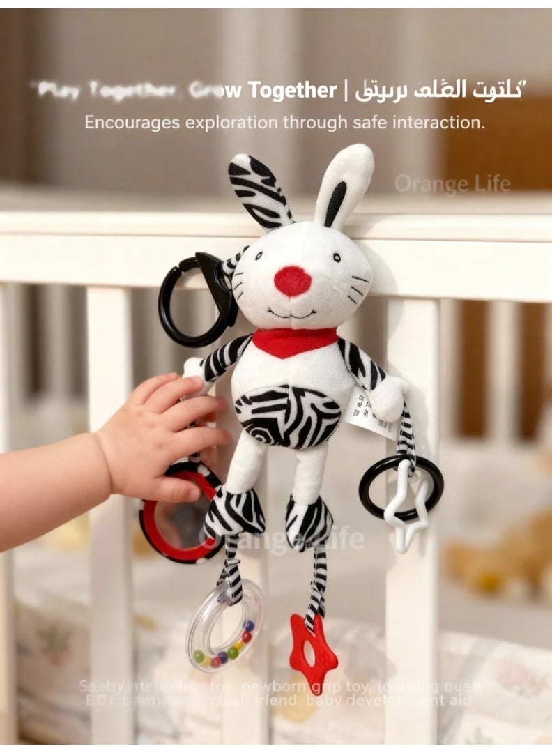 Orange Life Baby Bunny Plush Sensory Activity Toy with Black and White High-Contrast Pattern, Textured Star Teether, Grasping Rings and Hanging Clip for Stroller, Crib and Car Seat, 3M+ - Image 5
