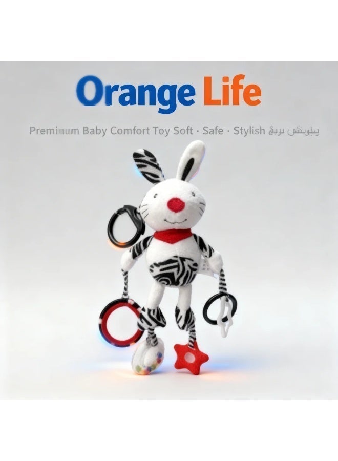 Orange Life Baby Bunny Plush Sensory Activity Toy with Black and White High-Contrast Pattern, Textured Star Teether, Grasping Rings and Hanging Clip for Stroller, Crib and Car Seat, 3M+ - Image 3