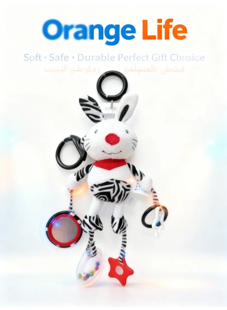 Orange Life Baby Bunny Plush Sensory Activity Toy with Black and White High-Contrast Pattern, Textured Star Teether, Grasping Rings and Hanging Clip for Stroller, Crib and Car Seat, 3M+ - Image 1