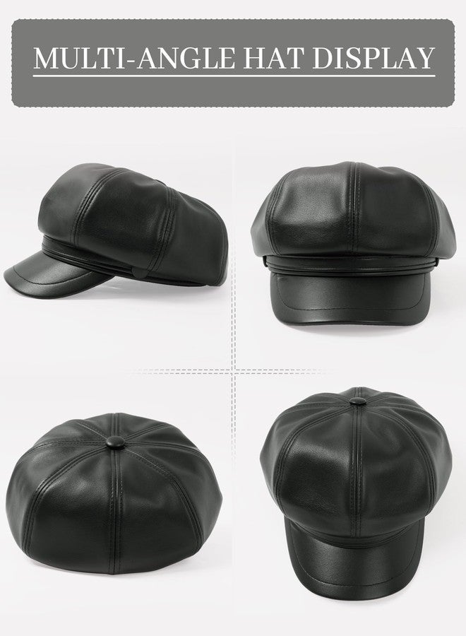 FEOYA Women Newsboy Hat Leather French Beret Hats Classic Warm Cabbie Hat Solid Stylish Cabbie Cap Fashion Beret Cap with Adjustable Drawstring Black - Image 4