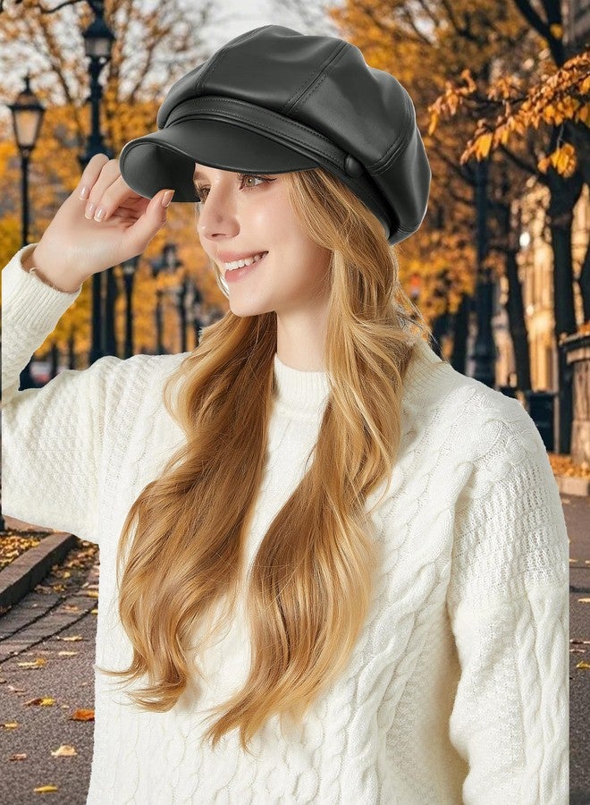 FEOYA Women Newsboy Hat Leather French Beret Hats Classic Warm Cabbie Hat Solid Stylish Cabbie Cap Fashion Beret Cap with Adjustable Drawstring Black - Image 3