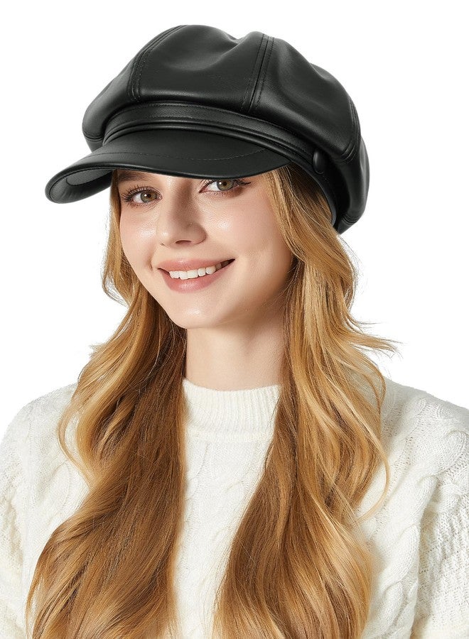 FEOYA Women Newsboy Hat Leather French Beret Hats Classic Warm Cabbie Hat Solid Stylish Cabbie Cap Fashion Beret Cap with Adjustable Drawstring Black - Image 1