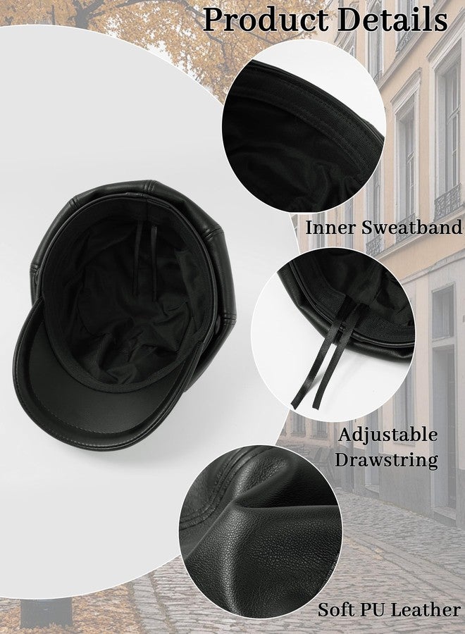 FEOYA Women Newsboy Hat Leather French Beret Hats Classic Warm Cabbie Hat Solid Stylish Cabbie Cap Fashion Beret Cap with Adjustable Drawstring Black - Image 5