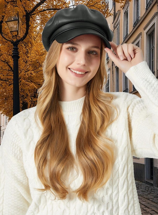 FEOYA Women Newsboy Hat Leather French Beret Hats Classic Warm Cabbie Hat Solid Stylish Cabbie Cap Fashion Beret Cap with Adjustable Drawstring Black - Image 2