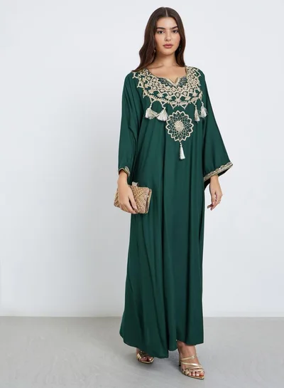 Styli Styli Green Embroidered A-Line Maxi Jalabiya