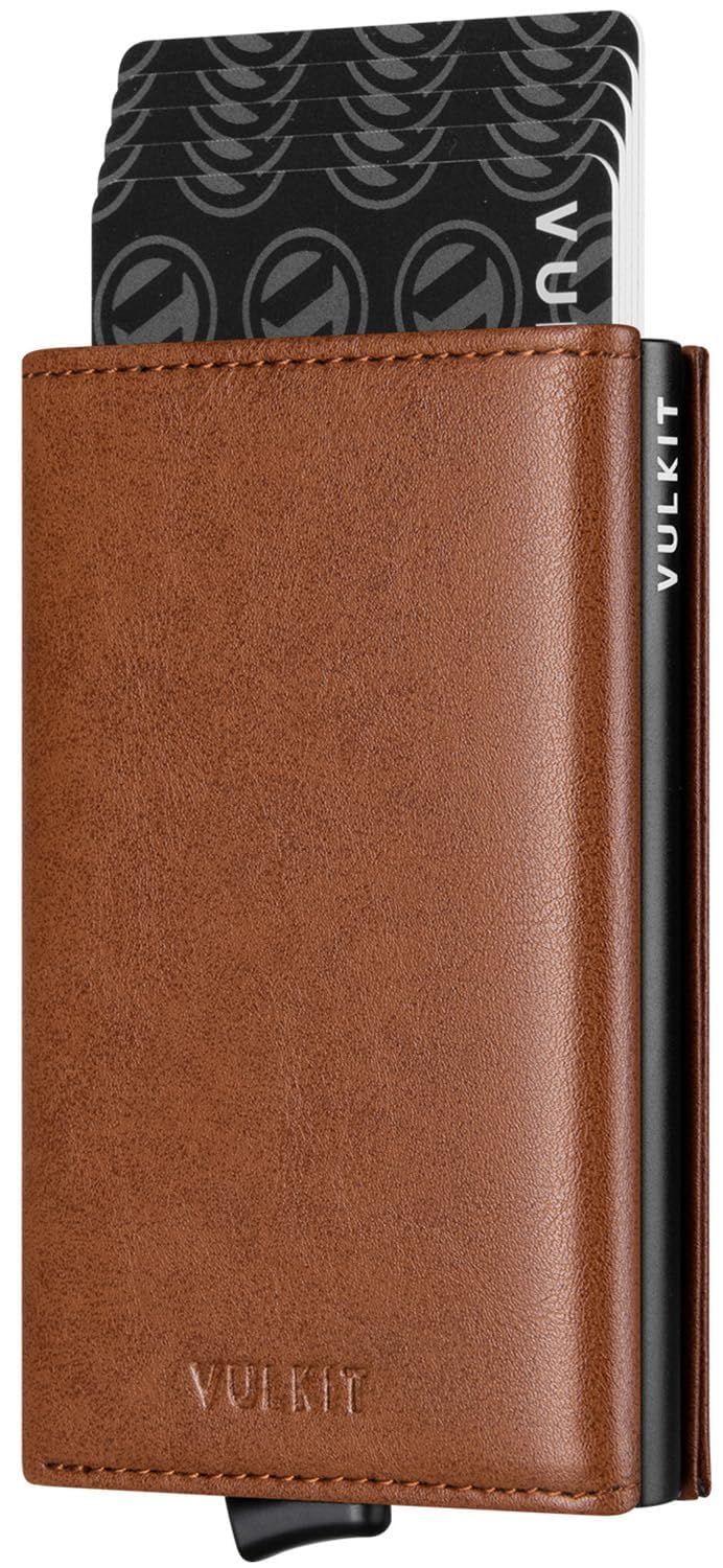 VULKIT محفظة فالكيت القابلة للفتح - محفظة نقدية بسيطة مع حماية RFID من الجلد لحامل بطاقات الائتمان الذكي مع نافذة هوية للرجال (بني) - Image 1