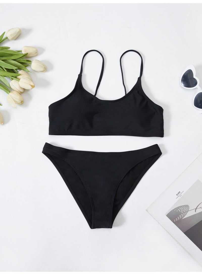 Women's 3-Piece Swimsuit Set, Black Basic Bikini with Blue Butterfly Sheer Mesh Cover-Up Pants - Image 5
