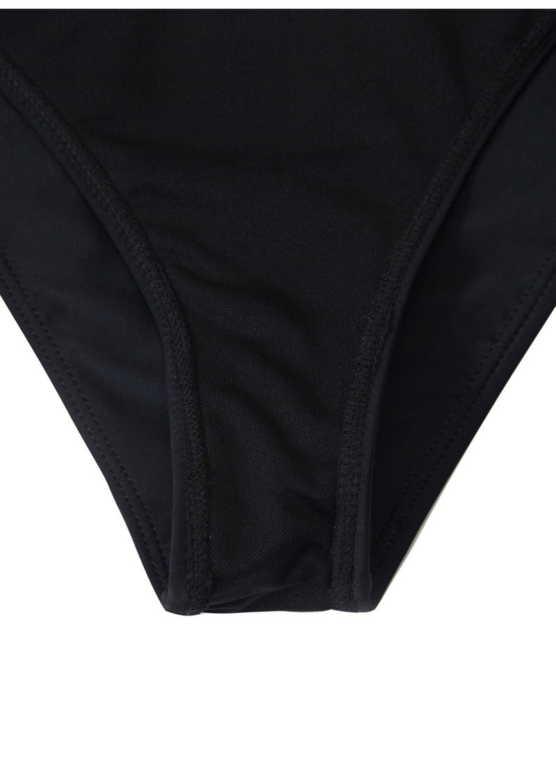 Women's 3-Piece Swimsuit Set, Black Basic Bikini with Blue Butterfly Sheer Mesh Cover-Up Pants - Image 3