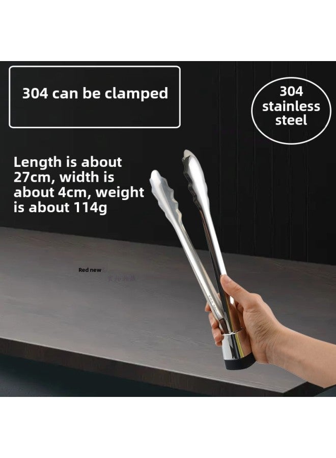 Thickened Stainless Steel Food Tongs Bread Tongs Barbecue Tongs Buffet Tongs Lotus Tongs Steak Tongs Barbecue Supplies-Color:Silver-304 Can Stand Up Clip 27CM  - Image 1
