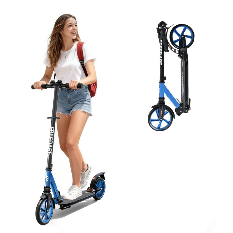 FREEDARE Kick Scooter for Kids & Adults Ages 8+, Foldable Teen Scooter with 2 Big 8-inch Wheels and 4-Level Adjustable Handlebar, Max Load 220 LBS, Blue - Image 1