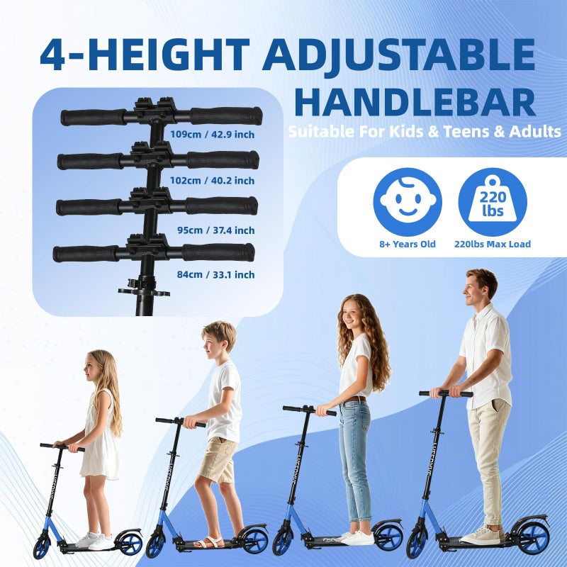 FREEDARE Kick Scooter for Kids & Adults Ages 8+, Foldable Teen Scooter with 2 Big 8-inch Wheels and 4-Level Adjustable Handlebar, Max Load 220 LBS, Blue - Image 2