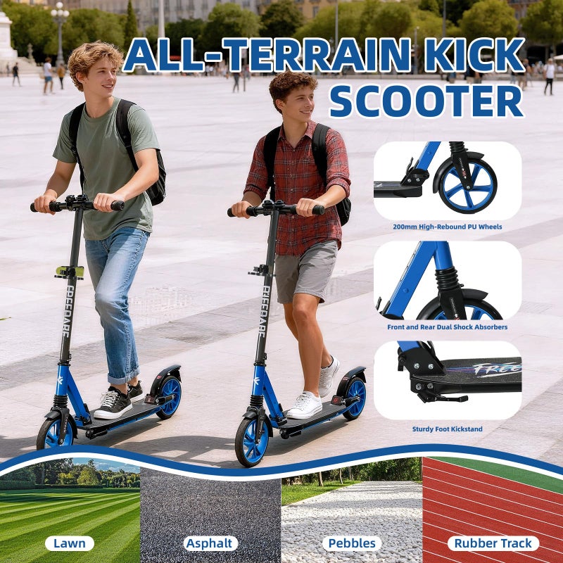 FREEDARE Kick Scooter for Kids & Adults Ages 8+, Foldable Teen Scooter with 2 Big 8-inch Wheels and 4-Level Adjustable Handlebar, Max Load 220 LBS, Blue - Image 4