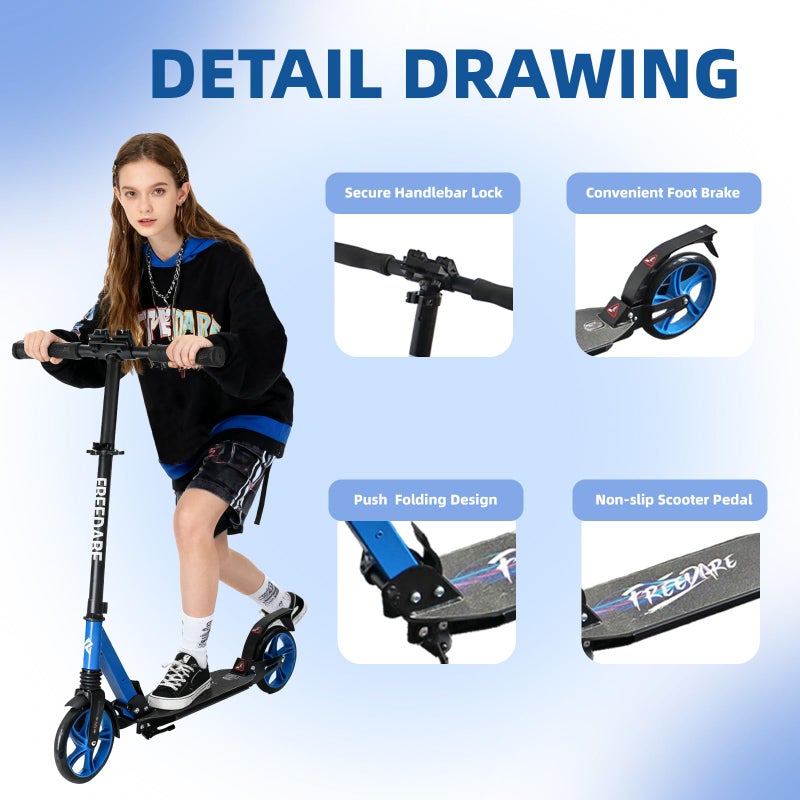 FREEDARE Kick Scooter for Kids & Adults Ages 8+, Foldable Teen Scooter with 2 Big 8-inch Wheels and 4-Level Adjustable Handlebar, Max Load 220 LBS, Blue - Image 3