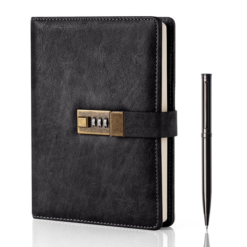 WEMATE Diary With Lock,A5 Pu Leather Journal With Combination Lock,Vintage Lock Journal Password Protected Notebook With Pen&Gift Box,Lock Diary Planner Organizer For Women Men,8.6X5.8In,Black,240 Pages - Image 1