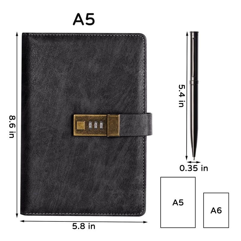 WEMATE Diary With Lock,A5 Pu Leather Journal With Combination Lock,Vintage Lock Journal Password Protected Notebook With Pen&Gift Box,Lock Diary Planner Organizer For Women Men,8.6X5.8In,Black,240 Pages - Image 4