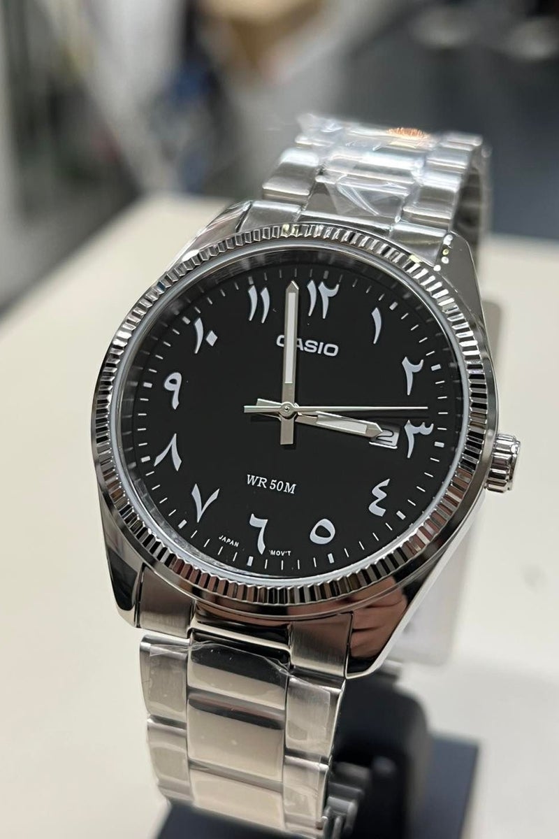 CASIO ساعة يد رجالية أنالوج مميزة بقرص عربي أسود نادر من مTP-1302D-1B3 مصنوعة من الفولاذ المقاوم للصدأ - Image 1