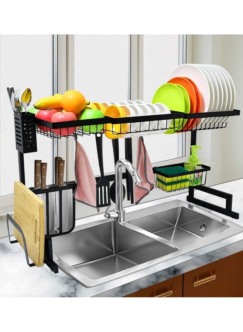حامل تجفيف الأطباق فوق الحوض - منظم مطبخ مدمج ذو طبقتين وموفر لمساحة التخزين لسطح العمل - مصفاة أطباق وحامل أدوات (فولاذ مقاوم للصدأ، حامل أطباق أسود) - Image 3