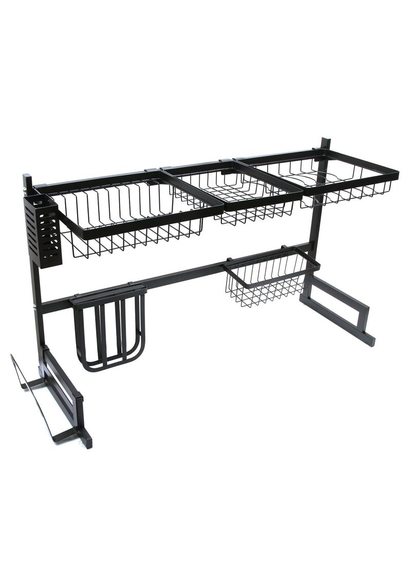 حامل تجفيف الأطباق فوق الحوض - منظم مطبخ مدمج ذو طبقتين وموفر لمساحة التخزين لسطح العمل - مصفاة أطباق وحامل أدوات (فولاذ مقاوم للصدأ، حامل أطباق أسود) - Image 4