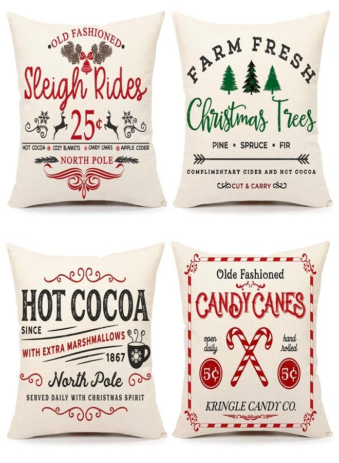 4TH Emotion Farmhouse Christmas Pillow Covers 18x18 Set of 4 Winter Holiday Decorations Xmas Rustic Throw Cushion Case for Sofa Couch Home Decor (Sleigh Rides, Farm Fresh Tree, Cocoa, Candy Canes) - Image 1