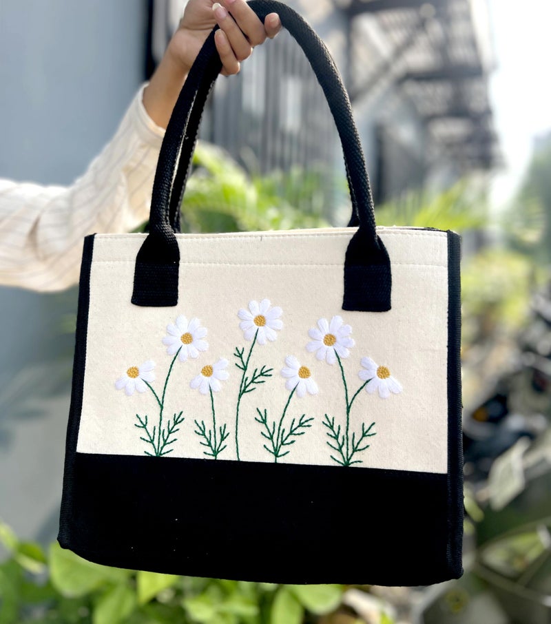 ECOCARRY Cotton Tote Bag For Woman Stylish | Embroidered Canvas Hand Bag With Floral Design | Latest Casual Shoulder Bag Zipper For College Girls, Office, Daily Use, Travel, Beach, Shopping (Cream) - Image 4