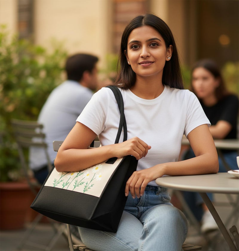 ECOCARRY Cotton Tote Bag For Woman Stylish | Embroidered Canvas Hand Bag With Floral Design | Latest Casual Shoulder Bag Zipper For College Girls, Office, Daily Use, Travel, Beach, Shopping (Cream) - Image 3