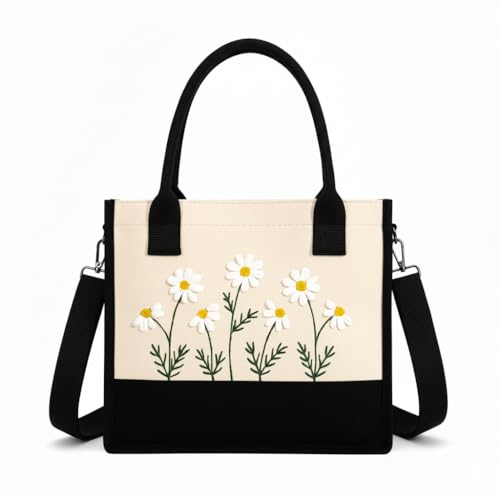 ECOCARRY Cotton Tote Bag For Woman Stylish | Embroidered Canvas Hand Bag With Floral Design | Latest Casual Shoulder Bag Zipper For College Girls, Office, Daily Use, Travel, Beach, Shopping (Cream) - Image 1