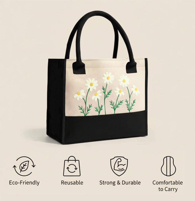 ECOCARRY Cotton Tote Bag For Woman Stylish | Embroidered Canvas Hand Bag With Floral Design | Latest Casual Shoulder Bag Zipper For College Girls, Office, Daily Use, Travel, Beach, Shopping (Cream) - Image 2