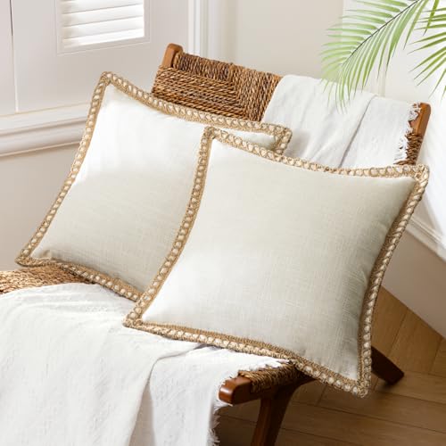 Phantoscope Pack of 2 Farmhouse Decorative Solid Throw Decorative Pillow Cover Burlap Linen Trimmed Tailored Edges Off White 26 x 26 inches, 65 x 65 cm - Image 1