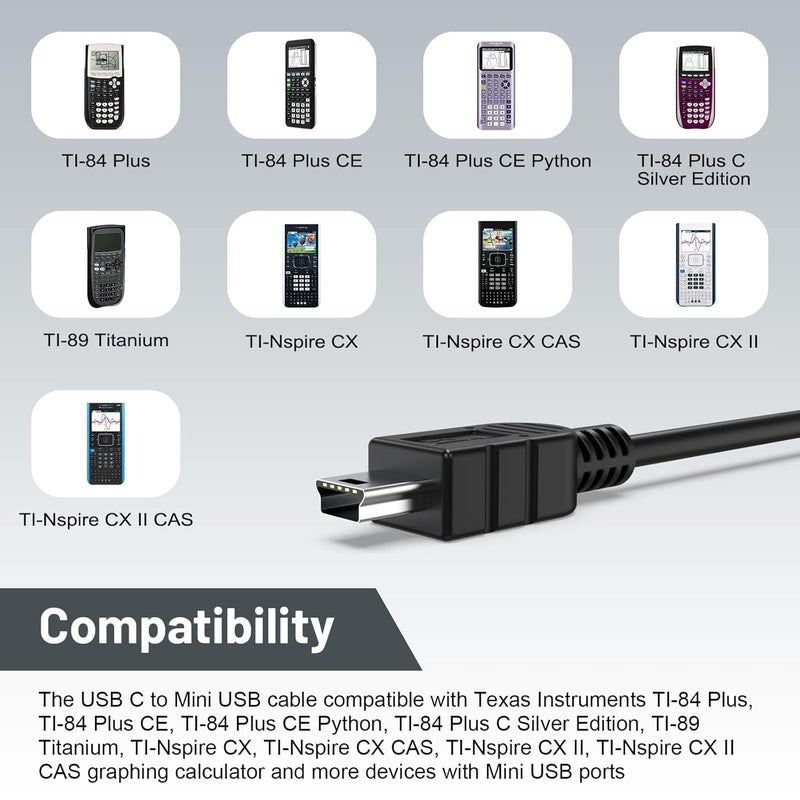 كابل TI 84 متوافق مع حاسبات تيكساس إنسترومنتس TI-84 Plus، TI-84 Plus CE، TI-84 Plus C Silver Edition، TI-89 Titanium، TI-Nspire CX II، TI-Nspire CX II CAS، TI Nspire CX CAS (3.3 قدم) - Image 2