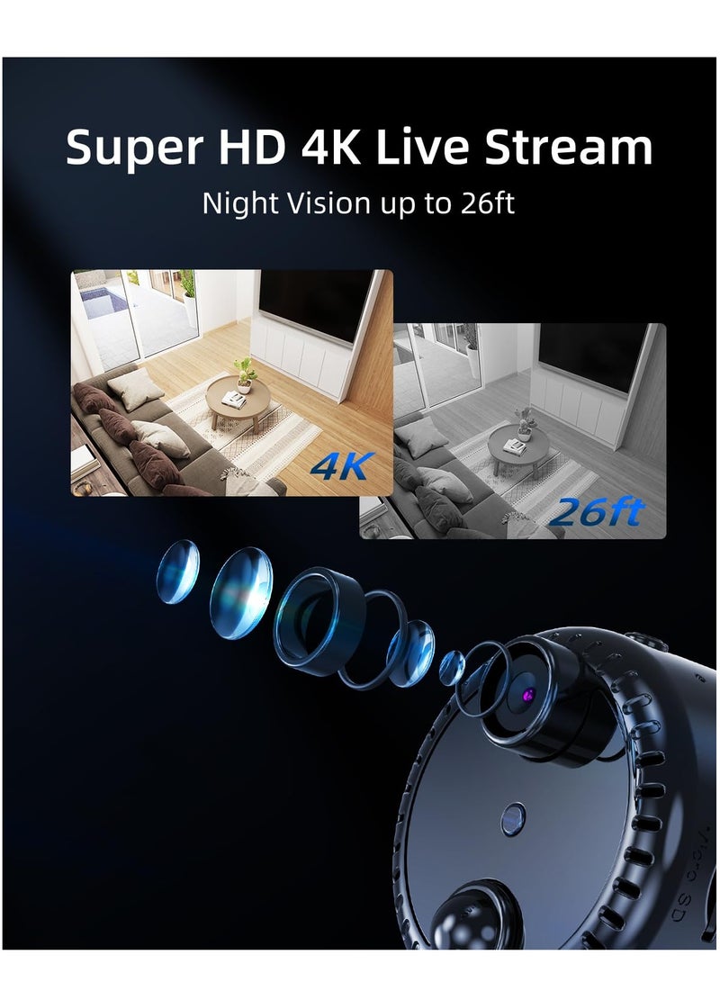 سيوسي كاميرا مراقبة صغيرة، بث مباشر بدقة 4K، هاتف محمول، واي فاي، مراقبة فيديو لاسلكية صغيرة، سهلة التركيب مع قاعدة مغناطيسية، مع التحكم في تطبيق التسجيل والرؤية الليلية - Image 4