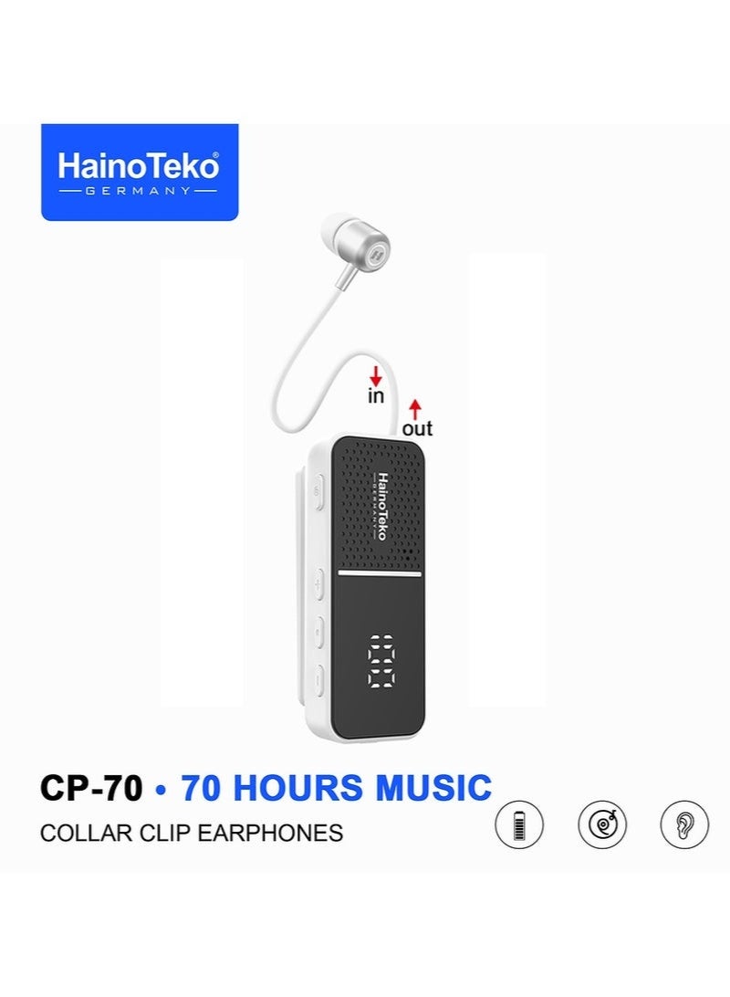 Haino Teko CP-70 Wireless Collar Clip Earphones | 70 Hours Playtime | Bluetooth 5.3 Neckband Headset with Mic | Multi-Functional Button Control | Deep Bass & Clear Calls | Lightweight Design – White - Image 1