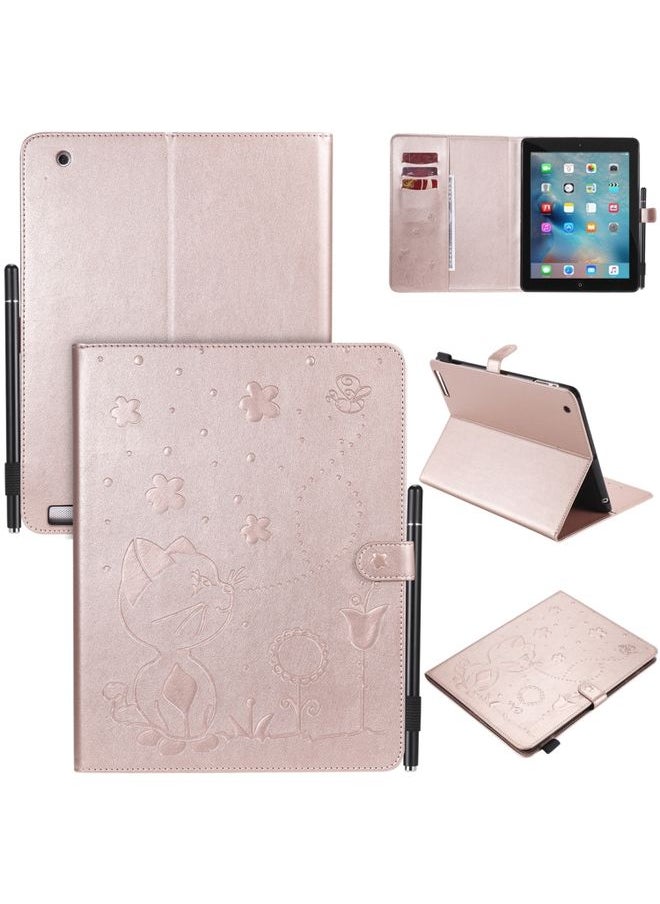 HuHa - Case Cover For iPad 4 / 3 / 2 Cat Bee Embossing Pattern Horizontal Flip Leather Case with Holder & Card Slots & Wallet & Pen Slot & Wake-up / Sleep Function Rose Gold - Image 1