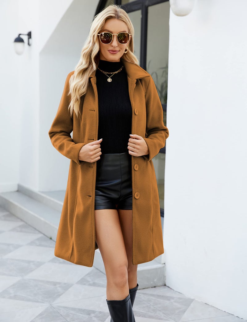 Springrain Womens Pea Coat Elegant Overcoat Single Breasted Winter Coat Dress Coat with Pockets(Caramel-L) - Image 3