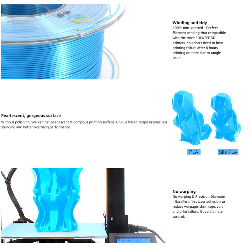 YOUSU PLA Filament Silk for 3D Printer 1.75mm Dimensional Accuracy +/- 0.03mm 3D Printing Material Spool Good Adhesion for Most FDM 3D Printers 1kg (2.2 lbs)  - Blue - Image 4